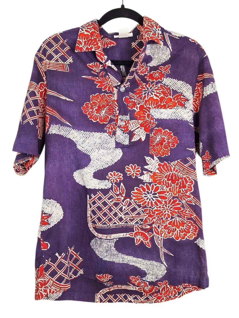 Vintage 70s Hawaiian Popover Shirt Sz L 100% Cotton Floral Purple Red White